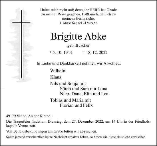 Traueranzeige von Brigitte Abke von Neue Osnabrücker Zeitung GmbH & Co. KG