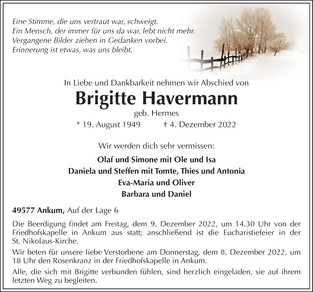  Traueranzeige für Brigitte Havermann vom 07.12.2022 aus Neue Osnabrücker Zeitung GmbH & Co. KG