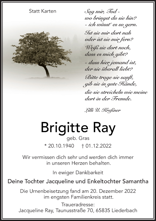 Traueranzeige von Brigitte Ray von Neue Osnabrücker Zeitung GmbH & Co. KG