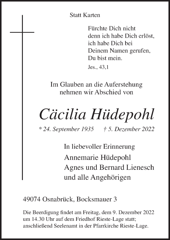 Traueranzeige von Cäcilia Hüdepohl von Neue Osnabrücker Zeitung GmbH & Co. KG