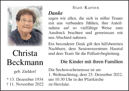Traueranzeige von Christa Beckmann von Neue Osnabrücker Zeitung GmbH & Co. KG