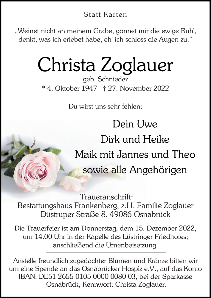  Traueranzeige für Christa Zoglauer vom 03.12.2022 aus Neue Osnabrücker Zeitung GmbH & Co. KG