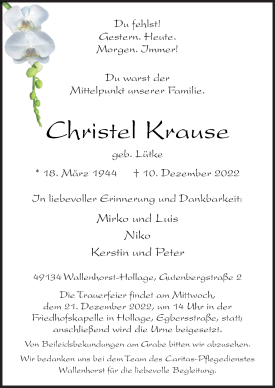 Traueranzeige von Christel Krause von Neue Osnabrücker Zeitung GmbH & Co. KG