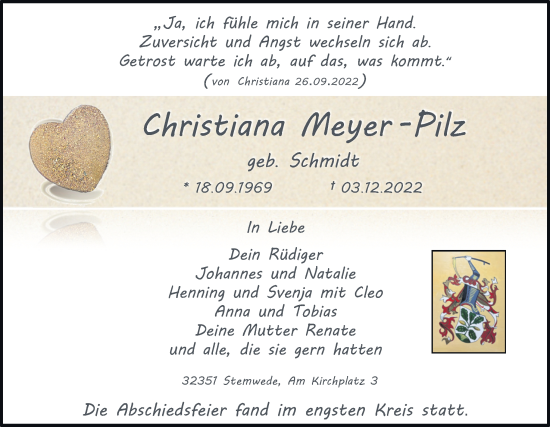 Traueranzeige von Christiana Meyer-Pilz von Neue Osnabrücker Zeitung GmbH & Co. KG