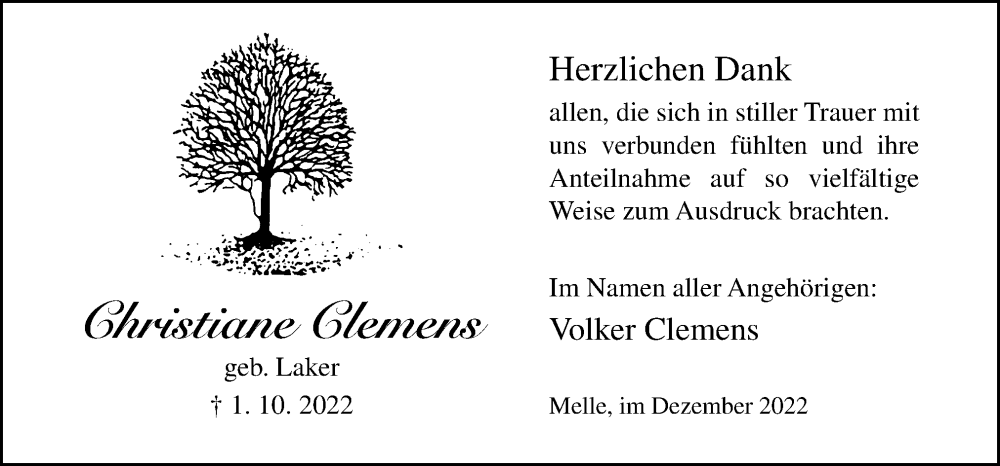  Traueranzeige für Christiane Clemens vom 03.12.2022 aus Neue Osnabrücker Zeitung GmbH & Co. KG