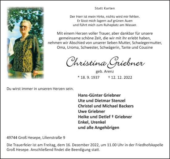 Traueranzeige von Christina Griebner von Neue Osnabrücker Zeitung GmbH & Co. KG