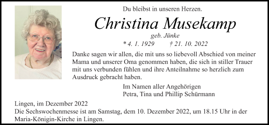 Traueranzeige von Christina Musekamp von Neue Osnabrücker Zeitung GmbH & Co. KG