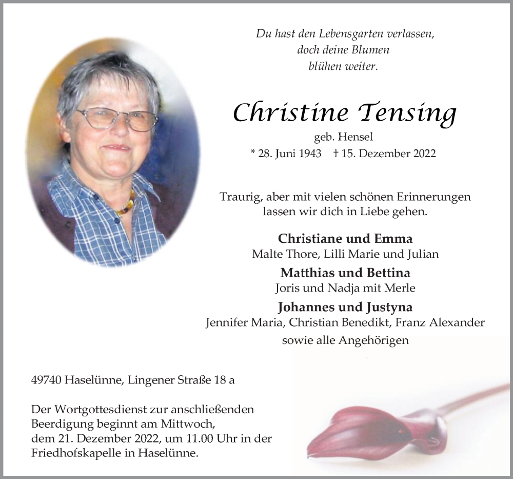  Traueranzeige für Christine Tensing vom 19.12.2022 aus Neue Osnabrücker Zeitung GmbH & Co. KG