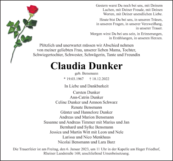 Traueranzeige von Claudia Dunker von Neue Osnabrücker Zeitung GmbH & Co. KG