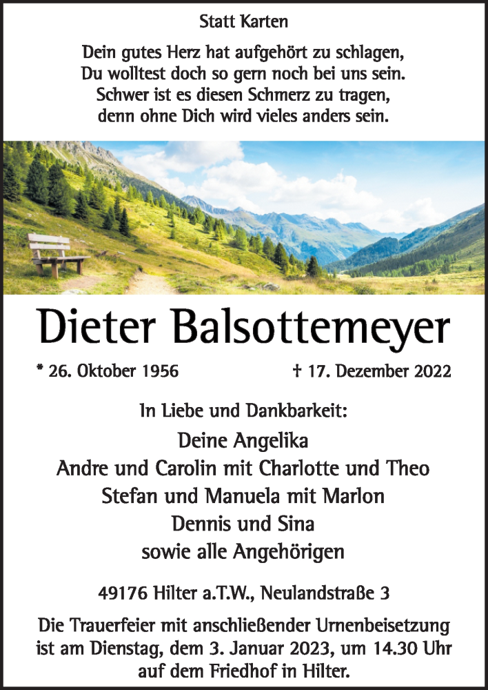  Traueranzeige für Dieter Balsottemeyer vom 28.12.2022 aus Neue Osnabrücker Zeitung GmbH & Co. KG