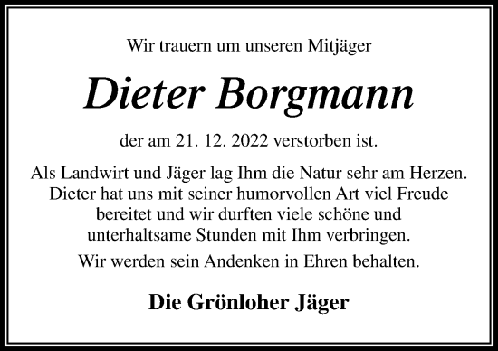 Traueranzeige von Dieter Borgmann von Neue Osnabrücker Zeitung GmbH & Co. KG