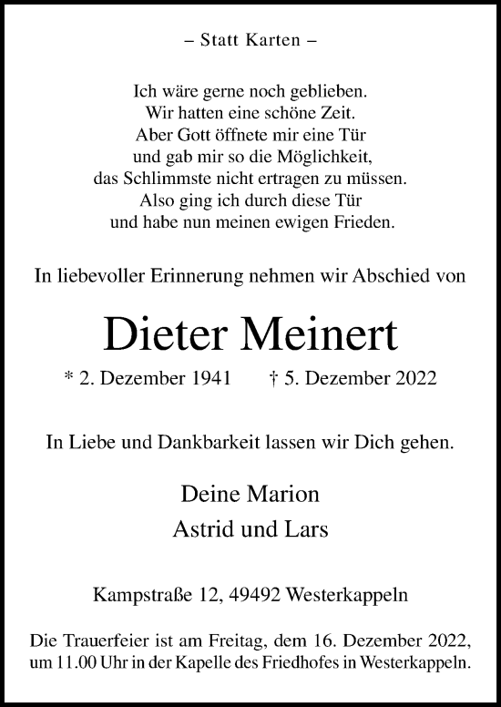 Traueranzeige von Dieter Meinert von Neue Osnabrücker Zeitung GmbH & Co. KG