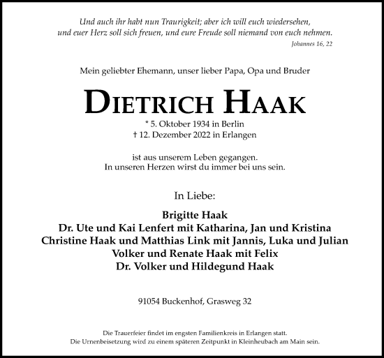 Traueranzeige von Dietrich Haak von Neue Osnabrücker Zeitung GmbH & Co. KG