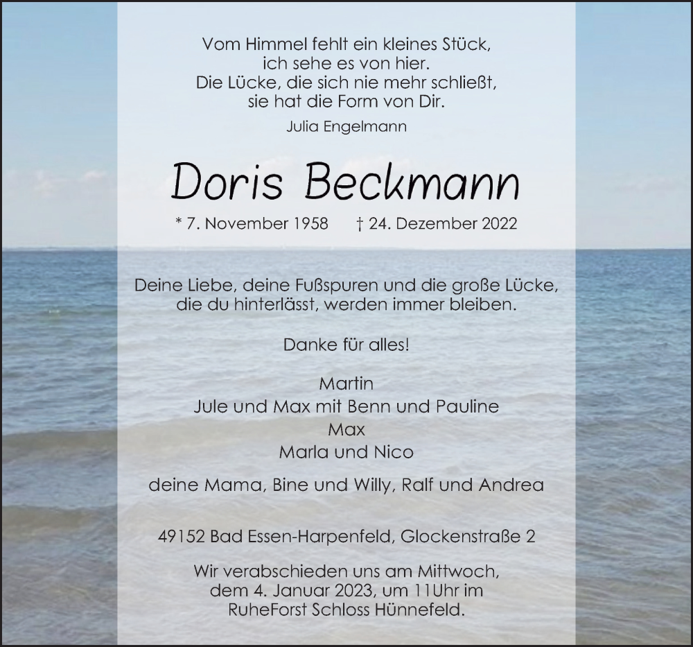  Traueranzeige für Doris Beckmann vom 29.12.2022 aus Neue Osnabrücker Zeitung GmbH & Co. KG