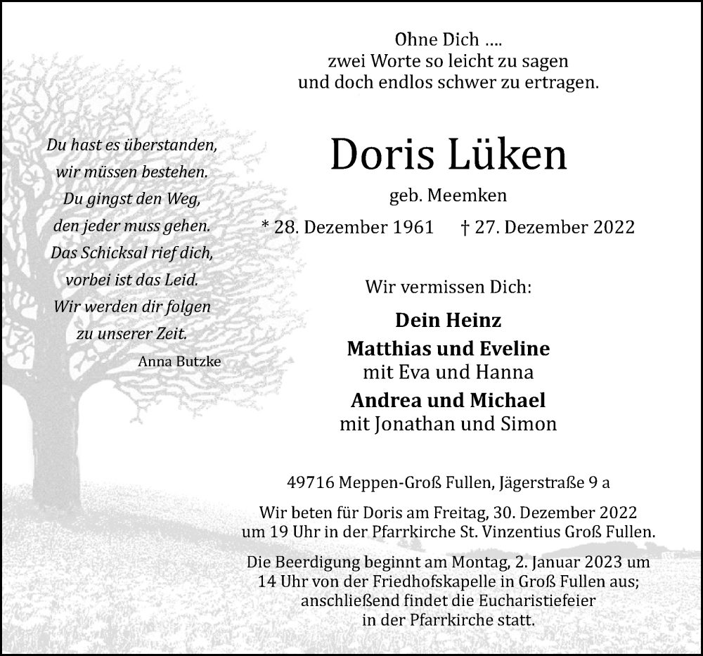  Traueranzeige für Doris Lüken vom 29.12.2022 aus Neue Osnabrücker Zeitung GmbH & Co. KG