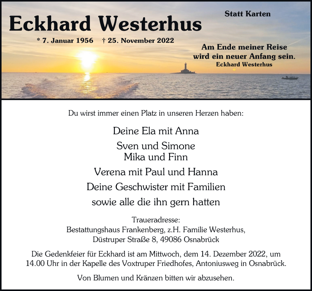  Traueranzeige für Eckhard Westerhus vom 03.12.2022 aus Neue Osnabrücker Zeitung GmbH & Co. KG