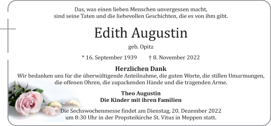 Traueranzeige von Edith Augustin von Neue Osnabrücker Zeitung GmbH & Co. KG