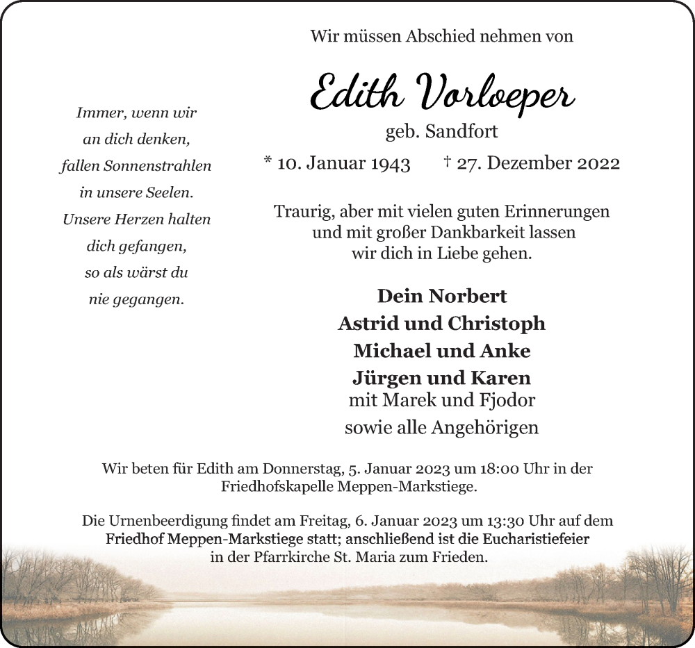  Traueranzeige für Edith Vorloeper vom 31.12.2022 aus Neue Osnabrücker Zeitung GmbH & Co. KG