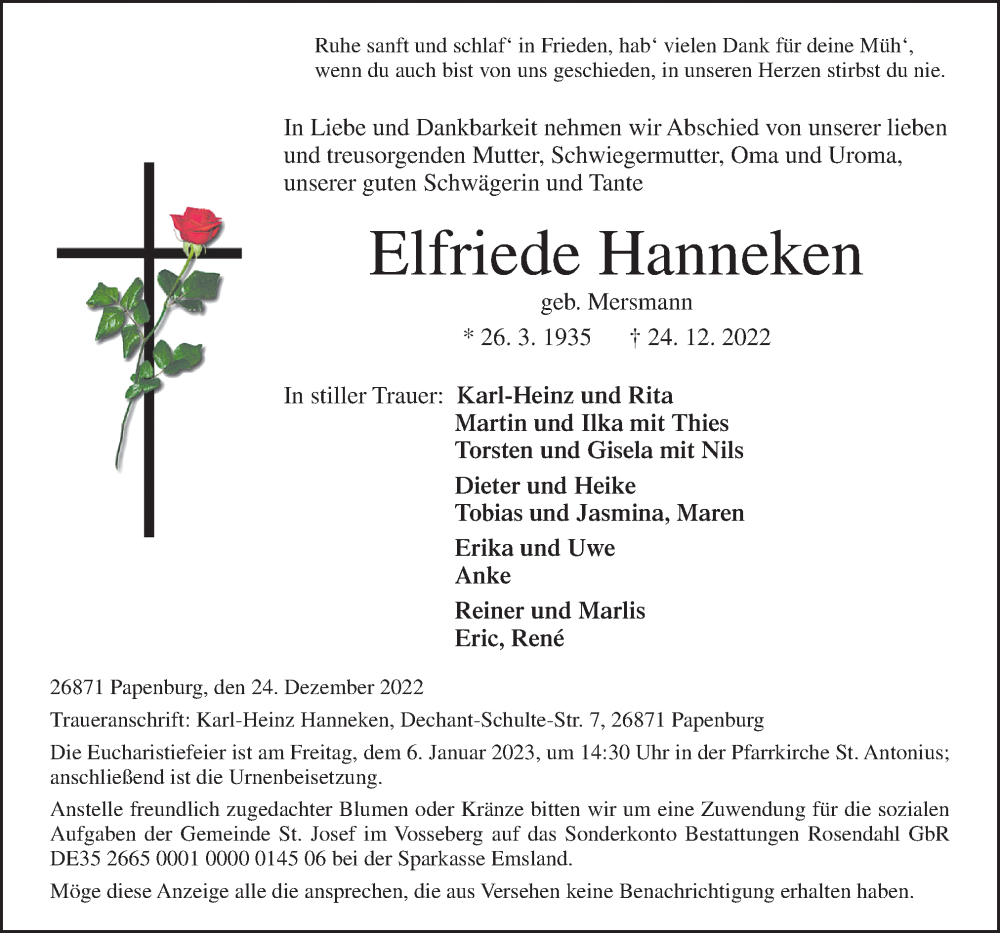  Traueranzeige für Elfriede Hanneken vom 29.12.2022 aus Neue Osnabrücker Zeitung GmbH & Co. KG