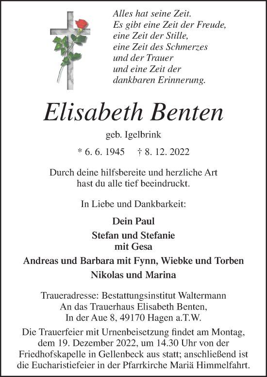 Traueranzeige von Elisabeth Benten von Neue Osnabrücker Zeitung GmbH & Co. KG