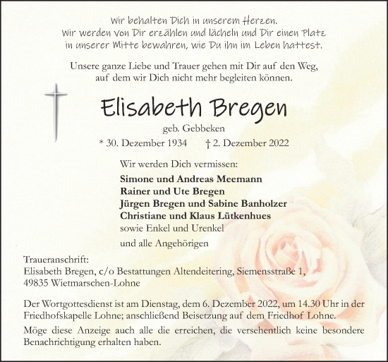 Traueranzeige von Elisabeth Bregen von Neue Osnabrücker Zeitung GmbH & Co. KG