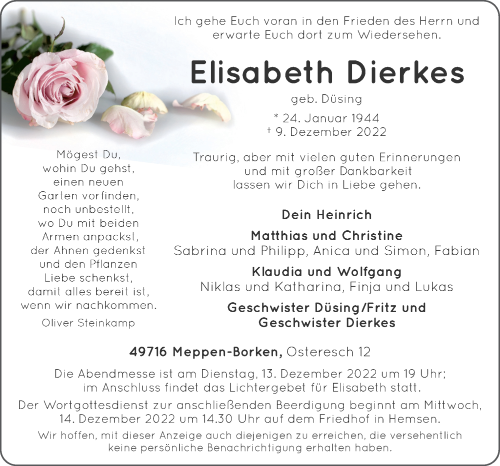  Traueranzeige für Elisabeth Dierkes vom 12.12.2022 aus Neue Osnabrücker Zeitung GmbH & Co. KG