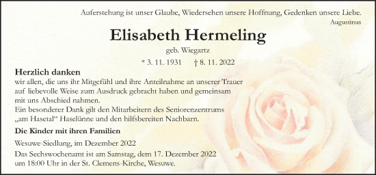 Traueranzeige von Elisabeth Hermeling von Neue Osnabrücker Zeitung GmbH & Co. KG