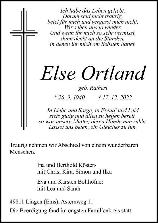 Traueranzeige von Else Ortland von Neue Osnabrücker Zeitung GmbH & Co. KG