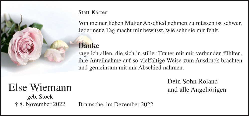  Traueranzeige für Else Wiemann vom 24.12.2022 aus Neue Osnabrücker Zeitung GmbH & Co. KG