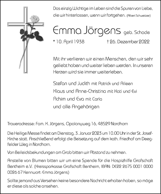 Traueranzeige von Emma Jörgens von Neue Osnabrücker Zeitung GmbH & Co. KG