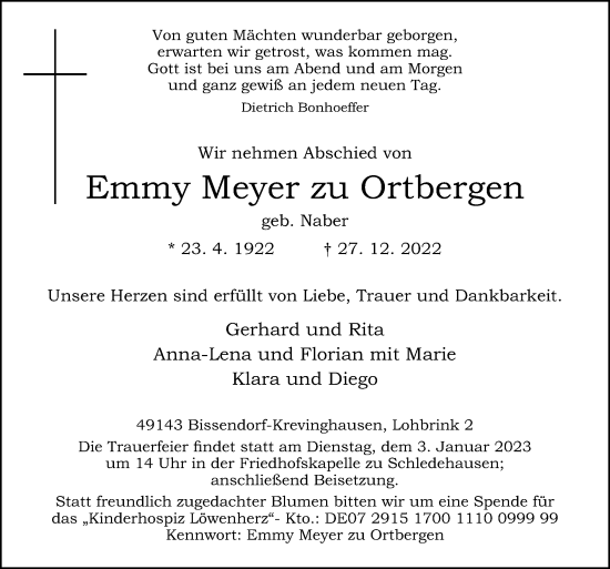 Traueranzeige von Emmy Meyer zu Ortbergen von Neue Osnabrücker Zeitung GmbH & Co. KG