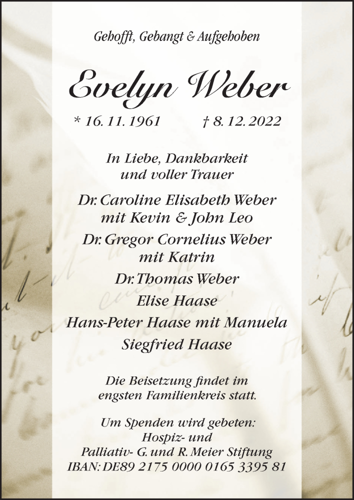  Traueranzeige für Evelyn Weber vom 21.12.2022 aus Neue Osnabrücker Zeitung GmbH & Co. KG