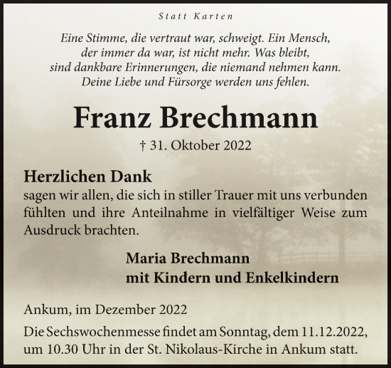 Traueranzeige von Franz Brechmann von Neue Osnabrücker Zeitung GmbH & Co. KG