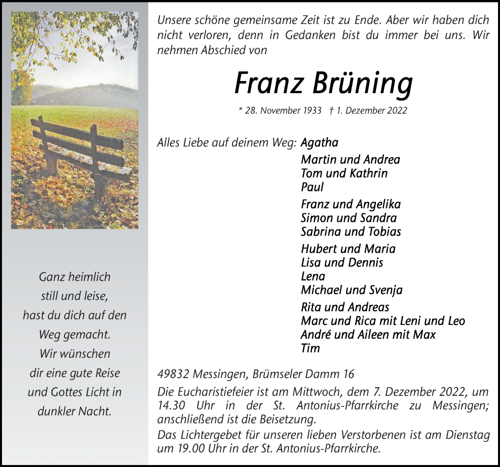  Traueranzeige für Franz Brüning vom 05.12.2022 aus Neue Osnabrücker Zeitung GmbH & Co. KG