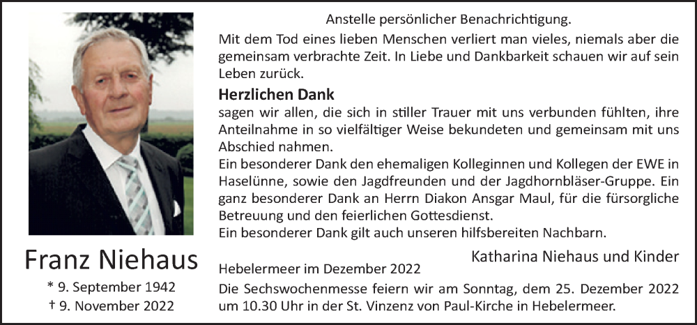  Traueranzeige für Franz Niehaus vom 20.12.2022 aus Neue Osnabrücker Zeitung GmbH & Co. KG