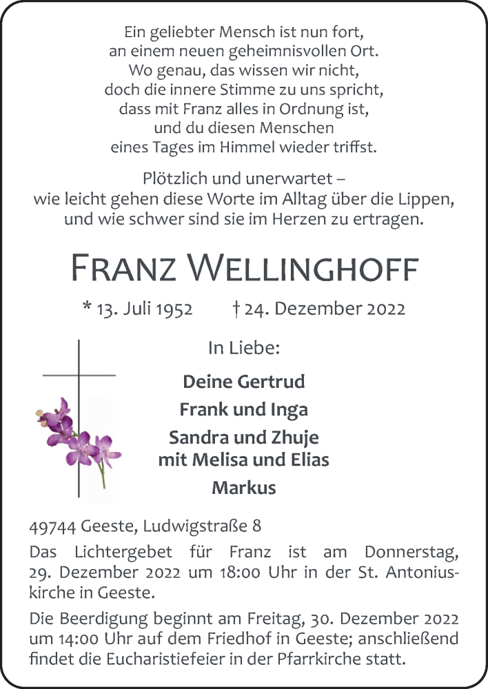  Traueranzeige für Franz Wellinghoff vom 28.12.2022 aus Neue Osnabrücker Zeitung GmbH & Co. KG