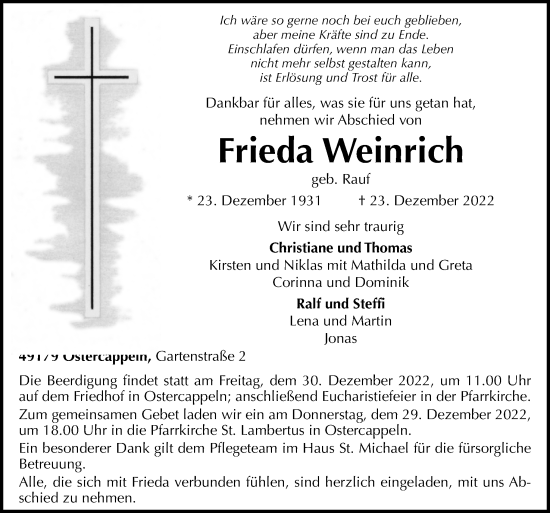 Traueranzeige von Frieda Weinrich von Neue Osnabrücker Zeitung GmbH & Co. KG