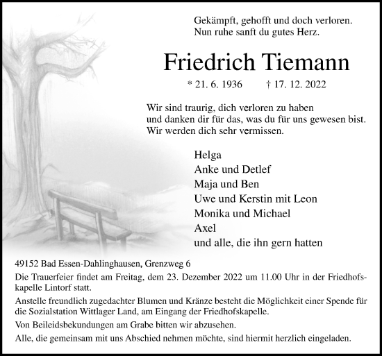 Traueranzeige von Friedrich Tiemann von Neue Osnabrücker Zeitung GmbH & Co. KG