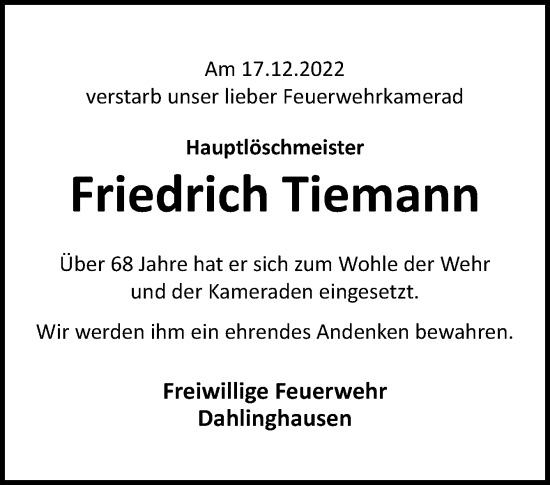 Traueranzeige von Friedrich Tiemann von Neue Osnabrücker Zeitung GmbH & Co. KG