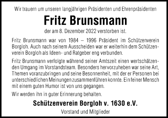 Traueranzeige von Fritz Brunsmann von Neue Osnabrücker Zeitung GmbH & Co. KG