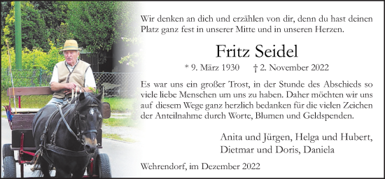 Traueranzeige von Fritz Seidel von Neue Osnabrücker Zeitung GmbH & Co. KG