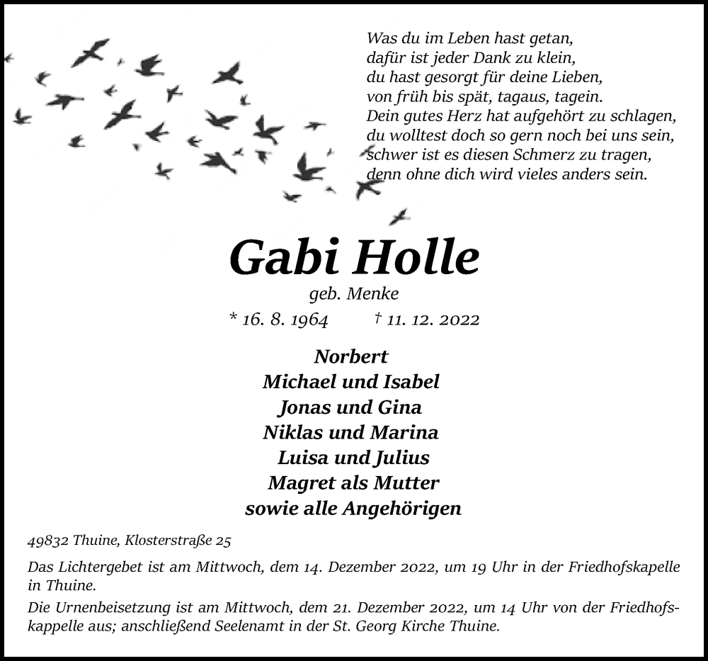  Traueranzeige für Gabi Holle vom 13.12.2022 aus Neue Osnabrücker Zeitung GmbH & Co. KG