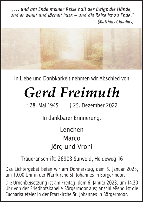 Traueranzeige von Gerd Freimuth von Neue Osnabrücker Zeitung GmbH & Co. KG