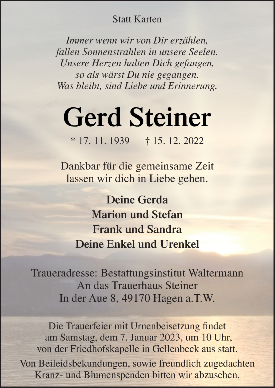 Traueranzeige von Gerd Steiner von Neue Osnabrücker Zeitung GmbH & Co. KG