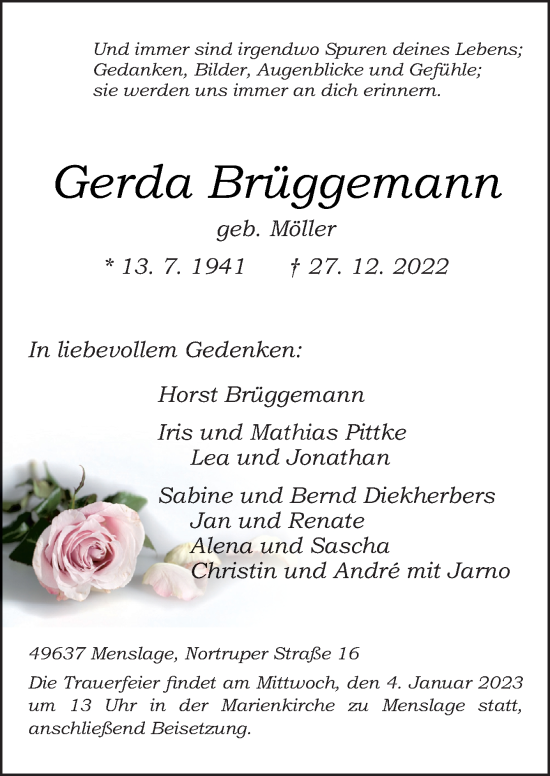 Traueranzeige von Gerda Brüggemann von Neue Osnabrücker Zeitung GmbH & Co. KG