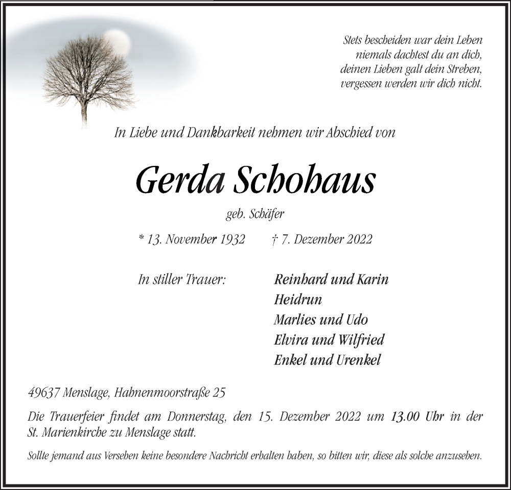  Traueranzeige für Gerda Schohaus vom 10.12.2022 aus Neue Osnabrücker Zeitung GmbH & Co. KG