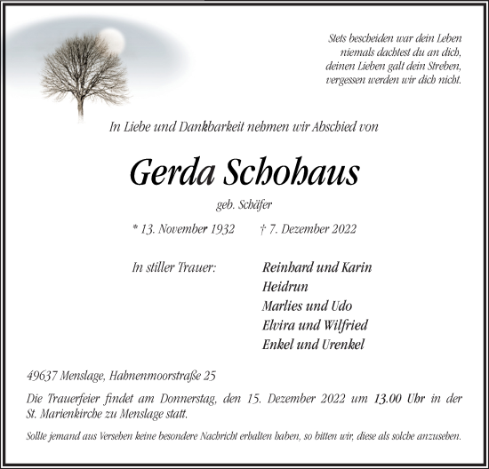 Traueranzeige von Gerda Schohaus von Neue Osnabrücker Zeitung GmbH & Co. KG