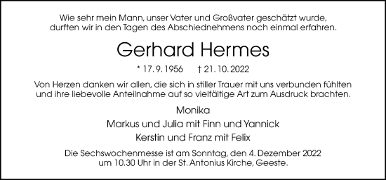 Traueranzeige von Gerhard Hermes von Neue Osnabrücker Zeitung GmbH & Co. KG