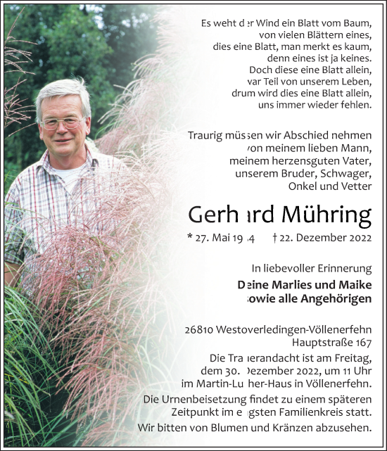 Traueranzeige von Gerhard Mühring von Neue Osnabrücker Zeitung GmbH & Co. KG