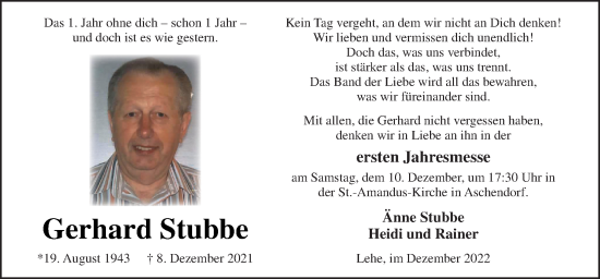 Traueranzeige von Gerhard Stubbe von Neue Osnabrücker Zeitung GmbH & Co. KG
